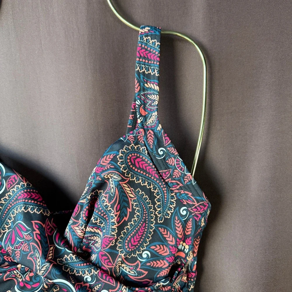 Lands' End Women's 2 V-Neck Wrap Underwire Tankini Swimsuit Top Paisley Floral P